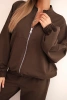 Women's cotton set with wide leg pants and zip-up hoodie brown