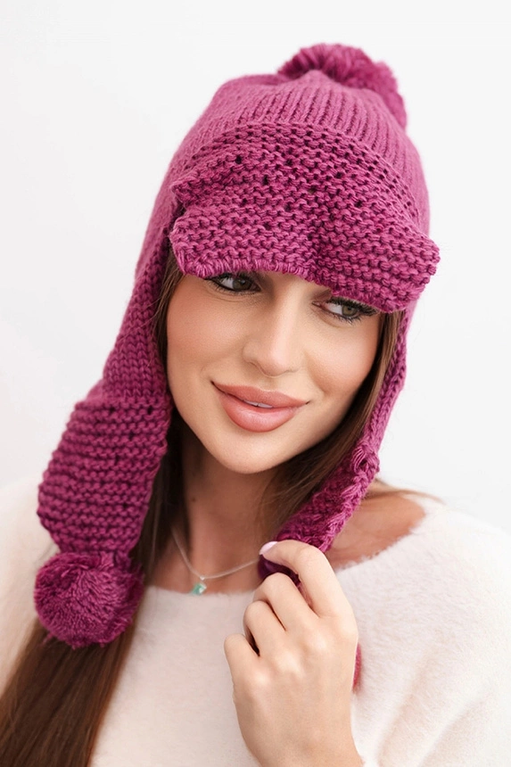 Women's winter cap with wool, visor and pom-poms K475 dark purple