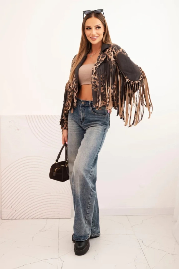 Women's suede jacket with leopard print and fringes black
