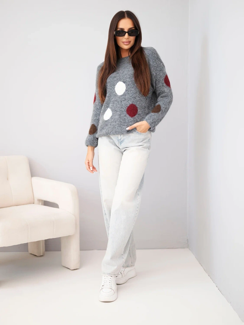 Women's sweater with colorful polka dots with a round neckline graphite