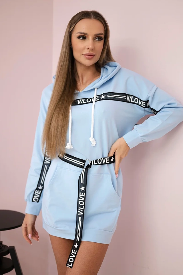 Dress decorated with tape with inscriptions azure