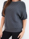 Moteriškas medvilninis nėriniuotas megztinis trumpomis rankovėmis grafito