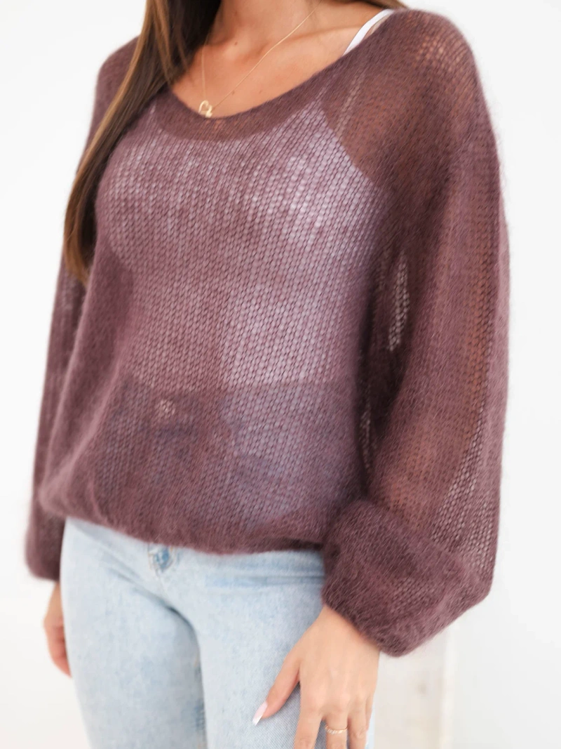 Damenpullover aus 70 % Kid-Mohair mit V-Ausschnitt in lockerem Schnitt braun