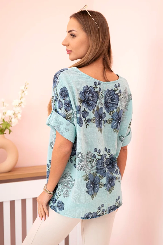 Women's cotton blouse with short sleeves and a floral pattern mint