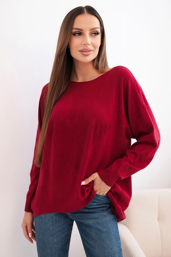 Women's sweater with a longer back and embossed star burgundy