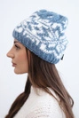 Damenmütze aus Wolle winterlich mit norwegischem Muster K354 jeansblau+weiß