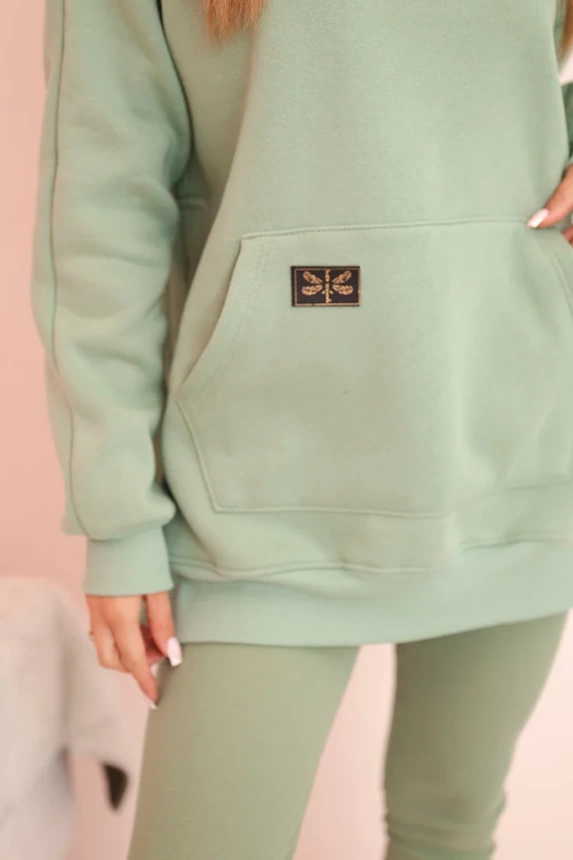 Women's cotton set with a hooded sweatshirt and high-waisted leggings dark mint