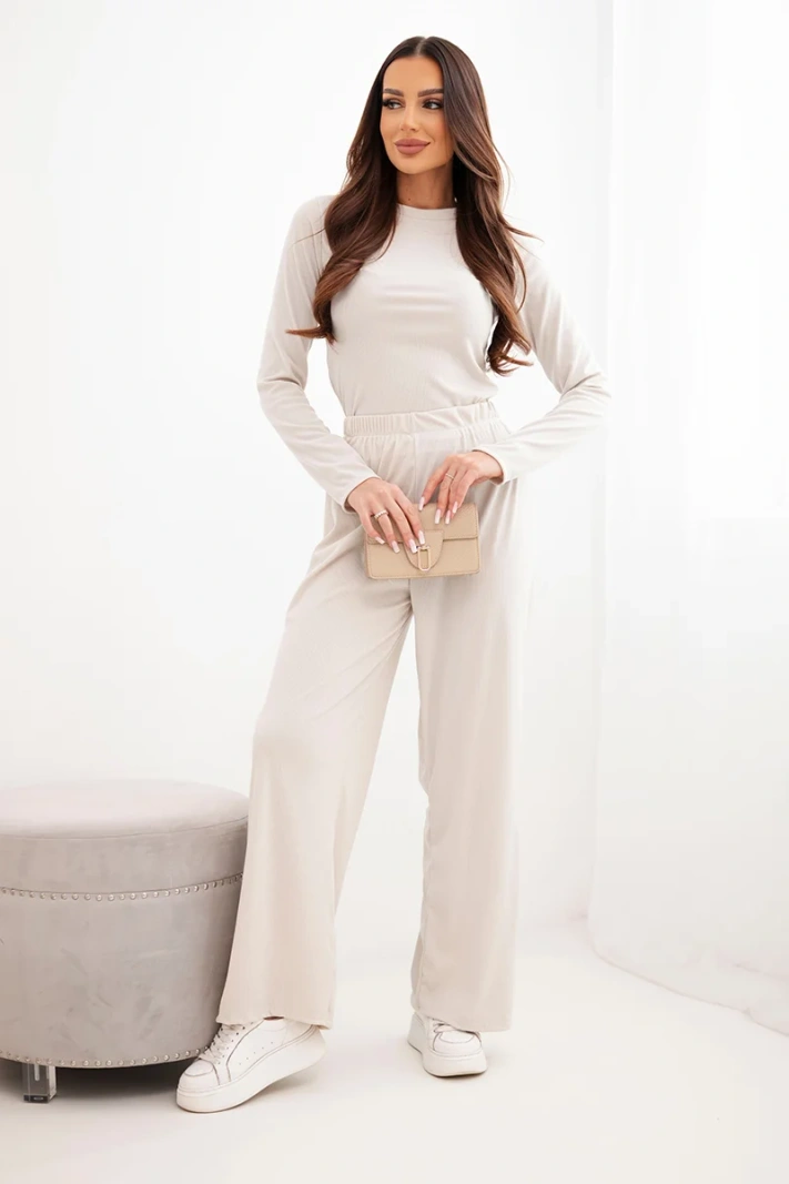 Damen-Set aus Viskose mit Bluse und weiten Hosen hellbeige
