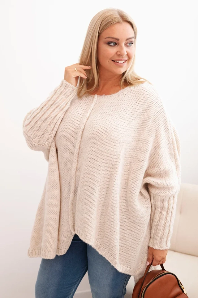 Sweter damska Plus Size z akrylem o luźnym kroju i rękawem 3/4 beżowy