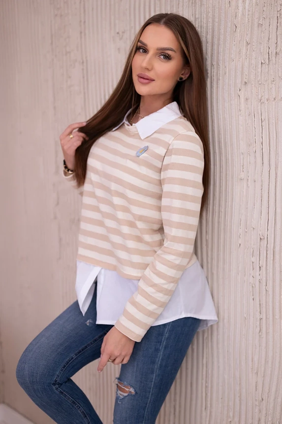 Striped cotton blouse with collar light beige+dark beige