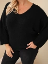 Moteriškas megztinis Plus Size su V formos iškirpte ir plačiu rankovė juodas