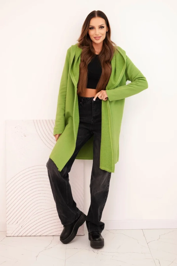 Narzutka damska z bawełny z kapturem i wydłużonym przodem oliwkowa