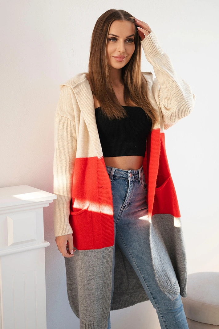 Gestreifter Cardigan-Pullover mit Kapuze beige+rot+grau