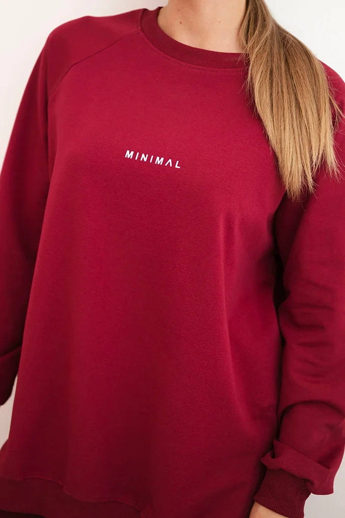Women's cotton set with a sweatshirt and leggings with the inscription Minimal maroon