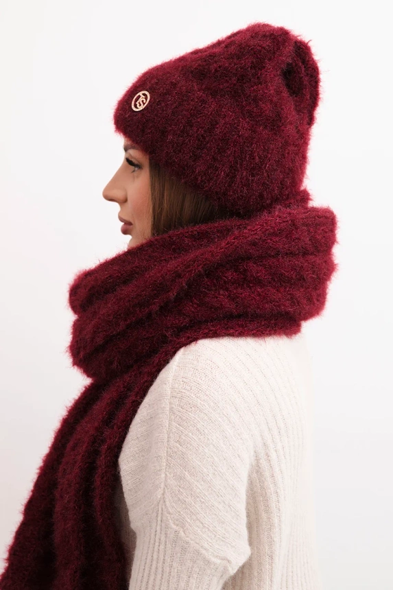 Women's set hat and scarf ribbed with decoration burgundy