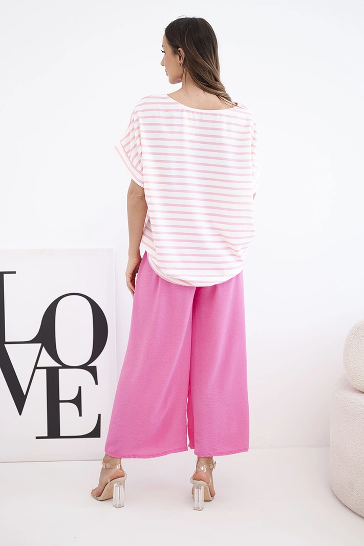 Women's viscose set with a striped blouse and wide elastic-waist pants pink