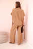Women's viscose set with decorative flower and wide trousers - camel