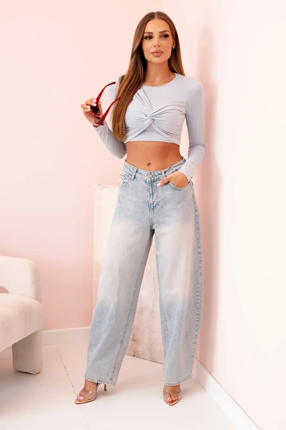 Women's blouse with long sleeves and effective ruffles on the bust grey