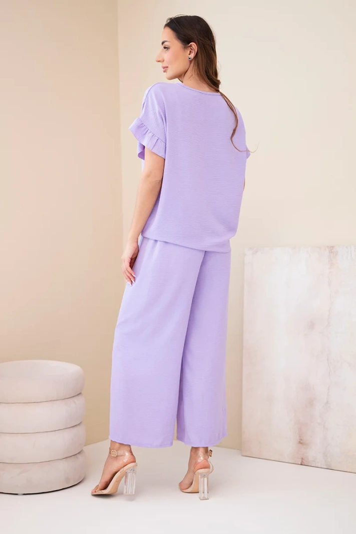 Women's viscose set with a printed blouse and trousers light purple