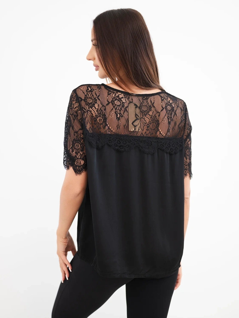 Women's satin viscose blouse with lace and short sleeves black