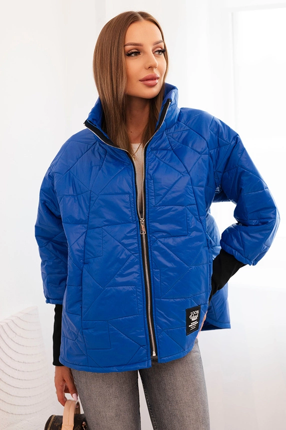 Women's quilted jacket with a short cut and a collar, cobalt blue