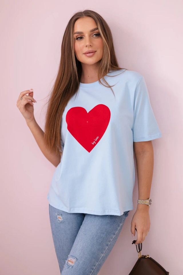 Cotton blouse with a heart print blue