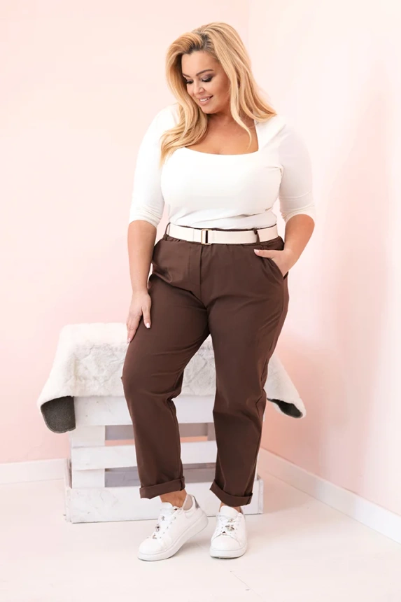 Women's Cotton Plus Size Trousers with Belt brown
