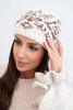 Damen Wintermütze mit bunten Mustern und breitem Bund K353 ecru+lila