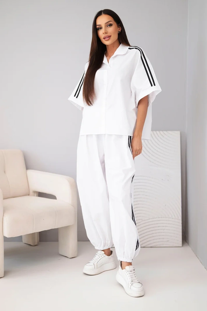 Women's cotton shirt set with side stripes for summer white