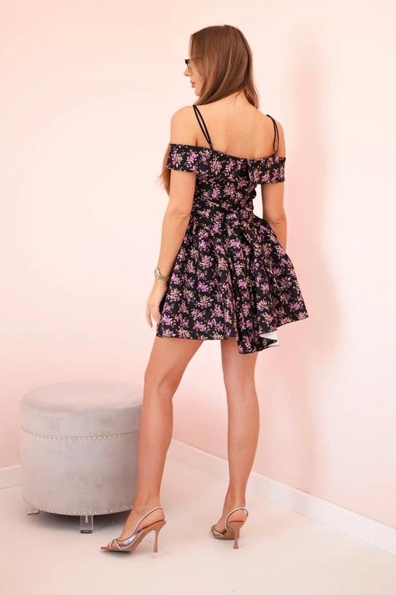 Florales ausgestelltes Damenkleid mit nackten Schultern schwarz+lila