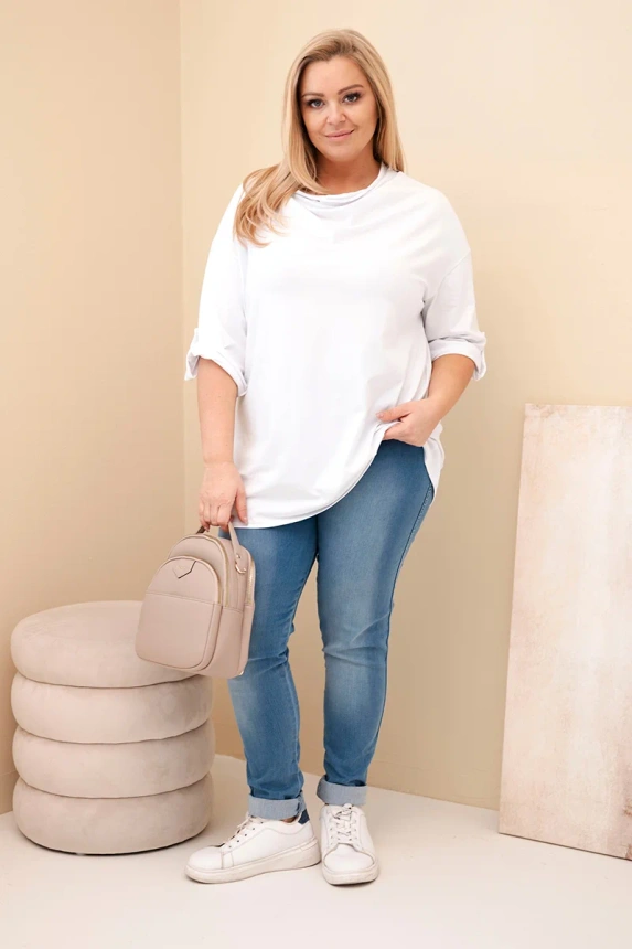 Women's Plus Size loose-fit cotton blouse with a water neckline white