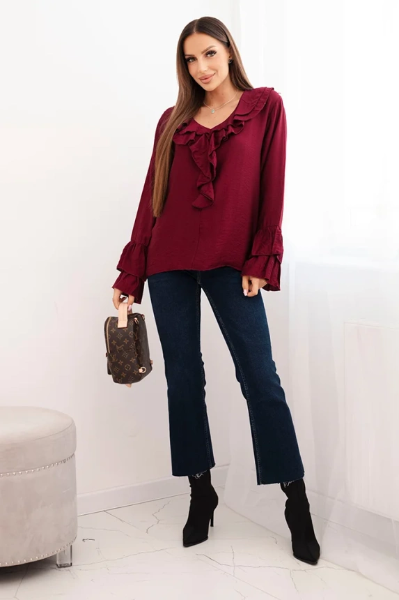Women's viscose blouse with ruffles and long sleeves maroon
