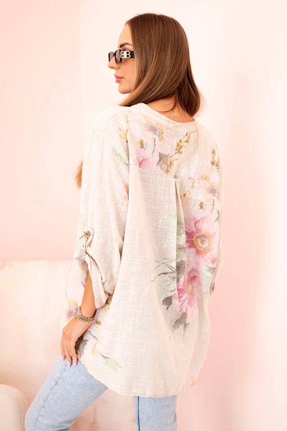 Women's cotton blouse with a floral pattern and buttons beige