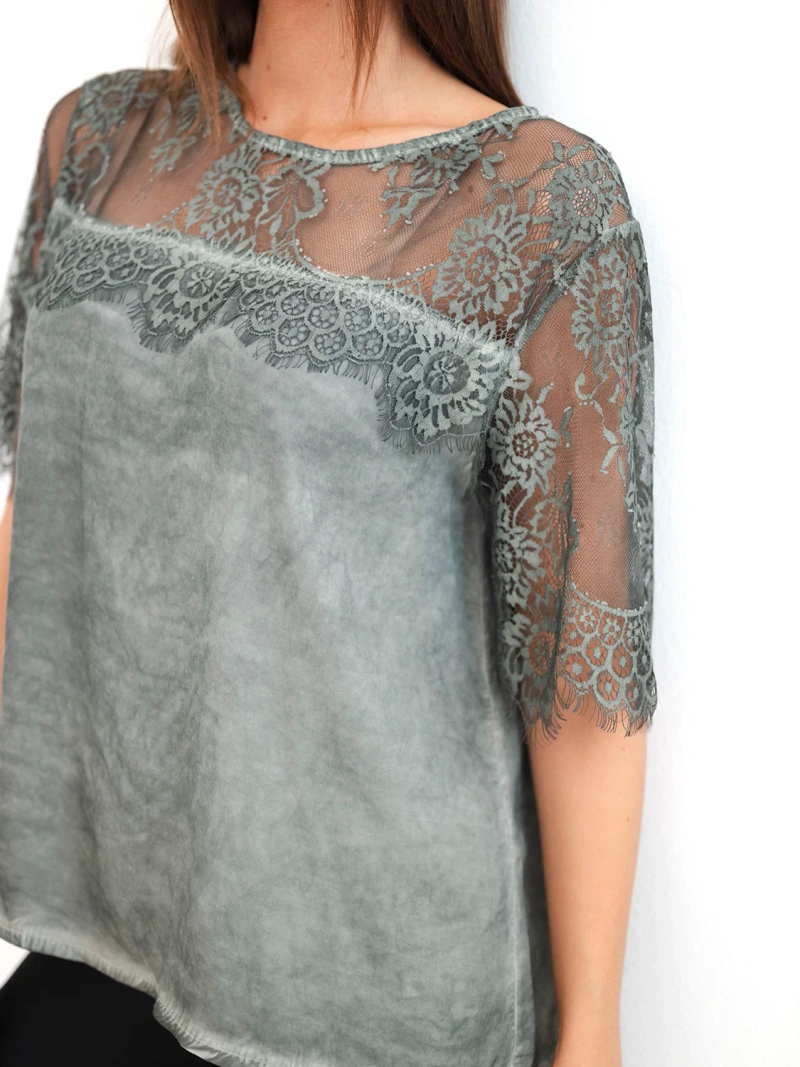 Women’s satin viscose blouse with lace and short sleeves khaki