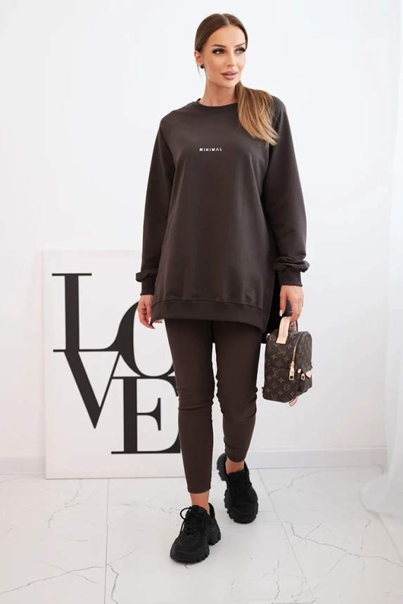 Women's cotton set sweatshirt and leggings with the inscription Minimal brown