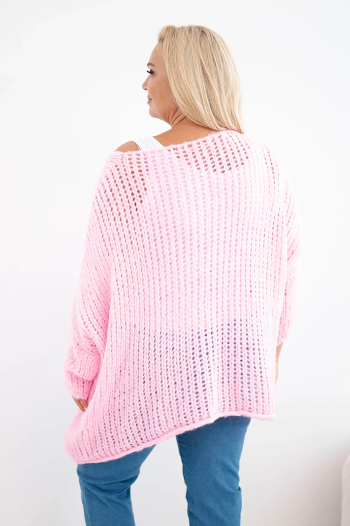 Damenpullover oversized mit V-Ausschnitt und längerem Rückenteil ajour Candy Rosa