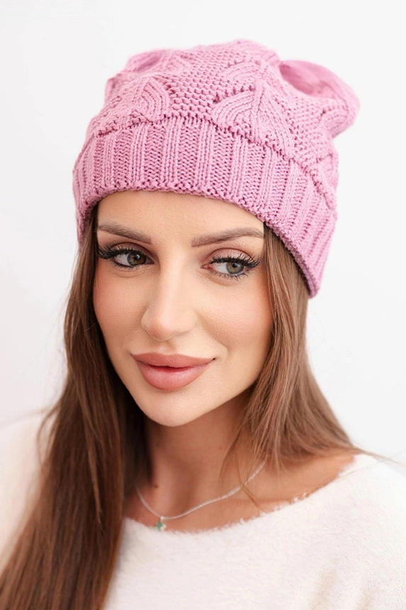 Women's winter wool hat with lace pattern K427 dark pink