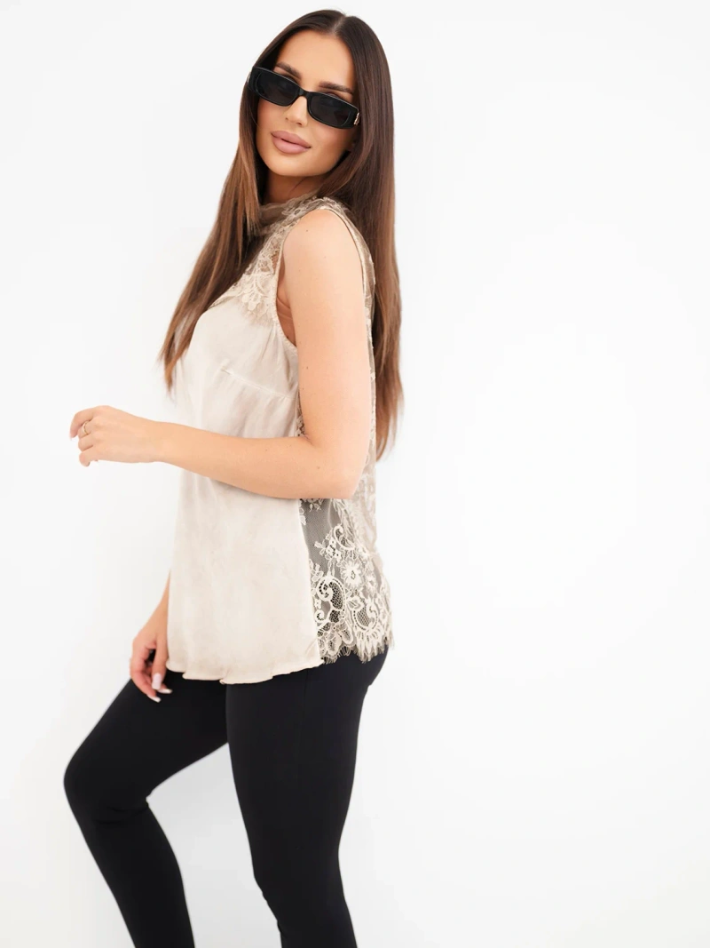 Women's satin viscose blouse with lace and stand-up collar beige