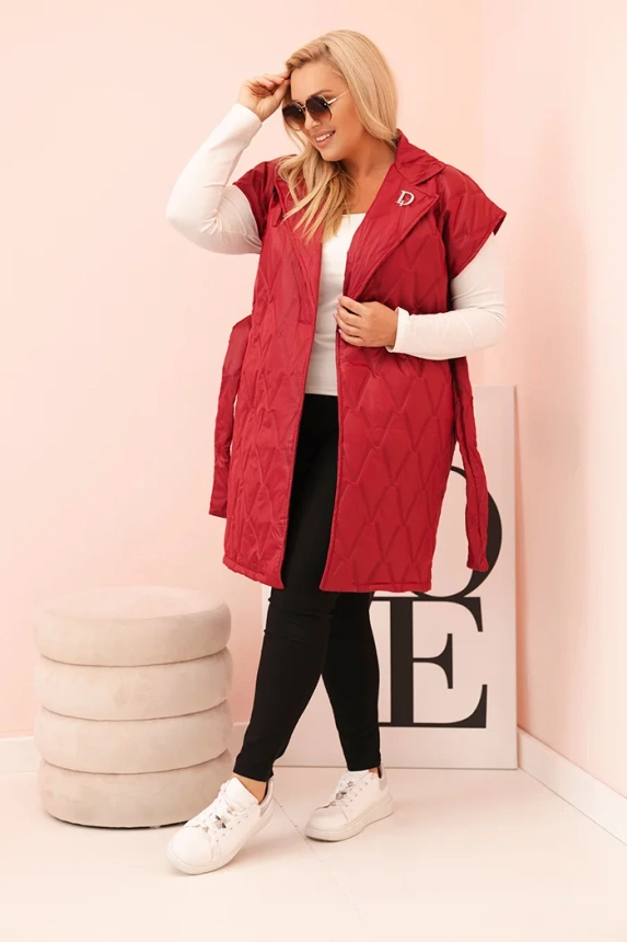 Dámska vesta Plus Size prešívaná s pásom a golierom hnedá