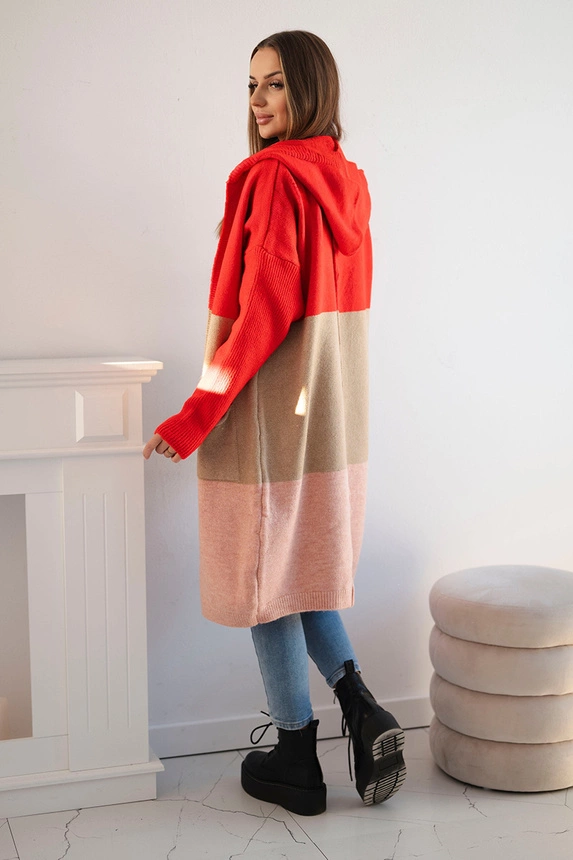 Striped hooded cardigan sweater red+camel+powder pink