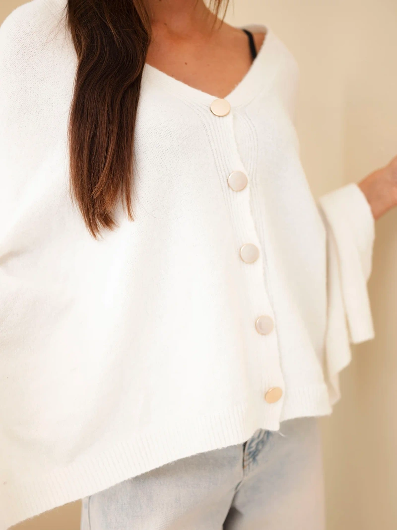 Women's baby alpaca poncho sweater with buttons ecru