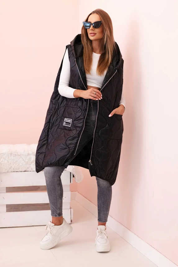 Damen Steppweste Plus Size mit Kapuze und Reißverschluss schwarz