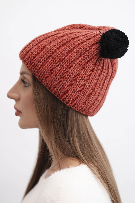 Women's winter wool hat with pom-pom K433 brown
