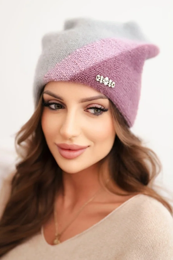 Women's winter hat made of fluffy knit with decorative appliqué gray + dark purple