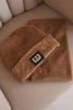 Women's fleece set hat and scarf with decorative patch camel
