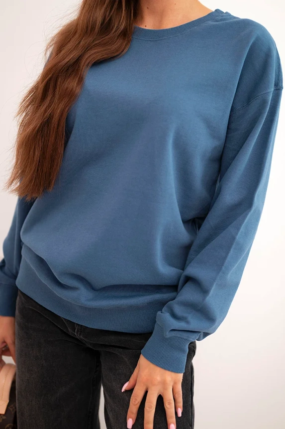 Basic women's looped cotton sweatshirt with a round neckline denim