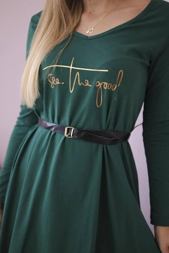 Dress with a decorative belt and an inscription dark green