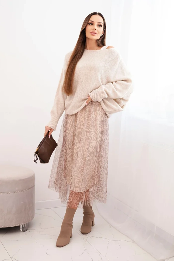Women's set with a wool sweater and a viscose dress beige