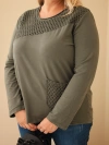Damen Baumwollpullover Plus Size mit Ajour-Einsatz und Tasche khaki