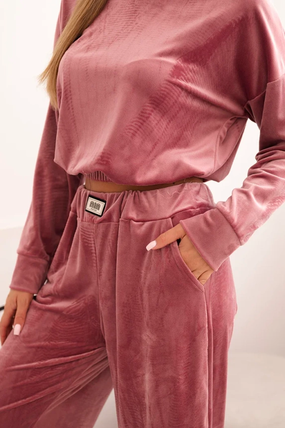 Women's velour tracksuit with wide legs and hoodie dark pink
